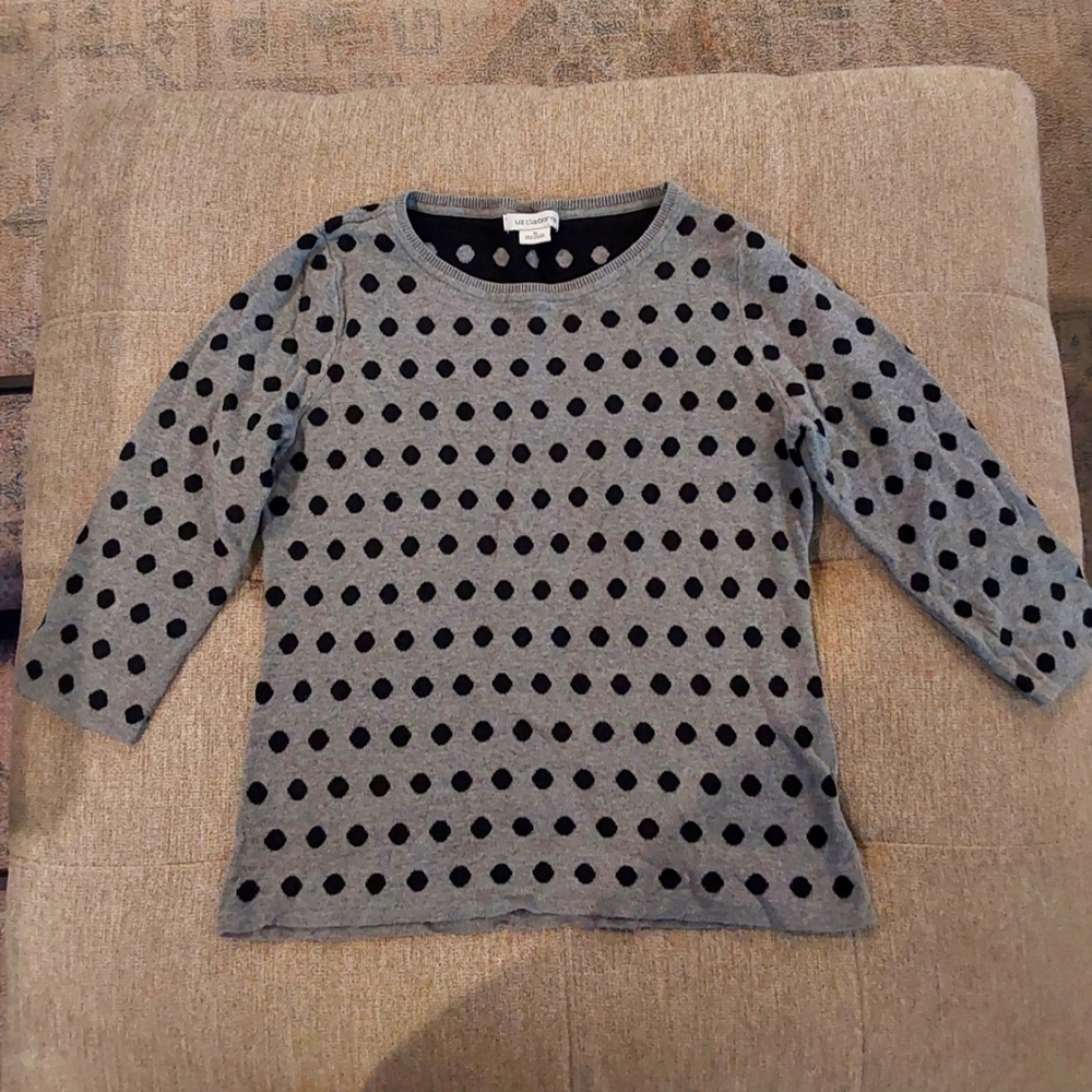 Liz Claiborne Gray & Black Polka Dot 3/4 Sleeve‎ Knit Sweater Womens Size Medium